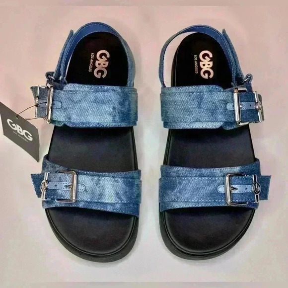 G by Guess Women’s Double Buckle Chunky Denim Sandals Size 8 - Picture 2 of 7